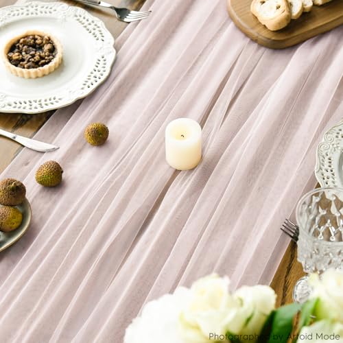 6PCS Blushing Pink Gauze Table Runner Set - 59 x 120 Inch for Holiday & Event Decor