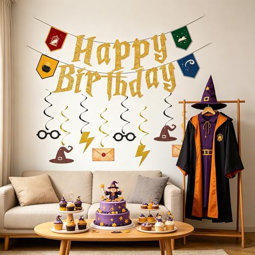 Gold Wizard Birthday Party Decorations Set - Magic Banner & Hanging Swirls