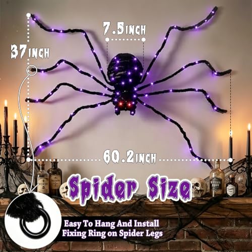 Giant Halloween Spider Light Up Outdoor Decoration - 5ft, Purple & Red Lights, Waterproof, Bendable Legs, Spider Variation