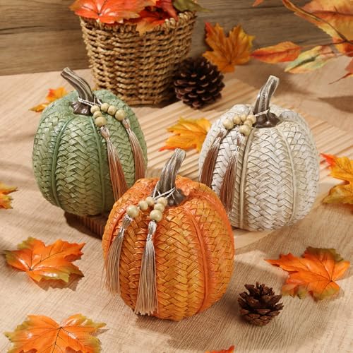 Fall Pumpkin Decor Set - 3 Pack Woven Resin Oranges, Whites & Greens for Autumn Thanksgiving Halloween