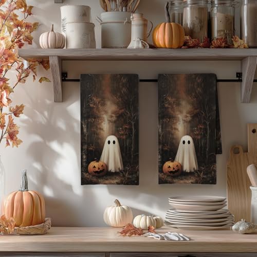 Halloween Ghost Pumpkin Kitchen Towel Set - Vintage Rustic Hand Towels for Bathroom & Kitchen - 16x24 Inch - Ghost Variation