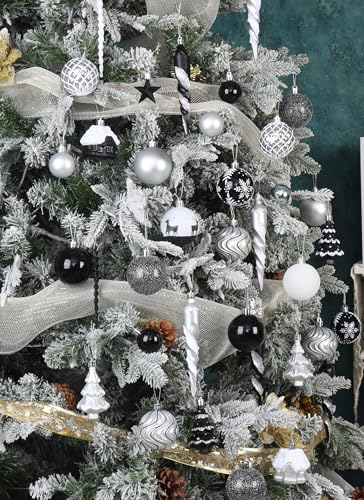 Black, White & Silver Holiday Ornaments Set - 124 Pcs Christmas Tree Decorations - Snowflake, Icicle, Baubles, House & Star Shapes - Variation: Black & White