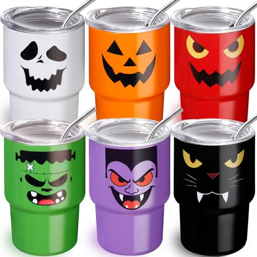 Halloween Shot Glasses Mini Tumblers with Straw & Lid - 6 Pack Pumpkin Ghost Variation