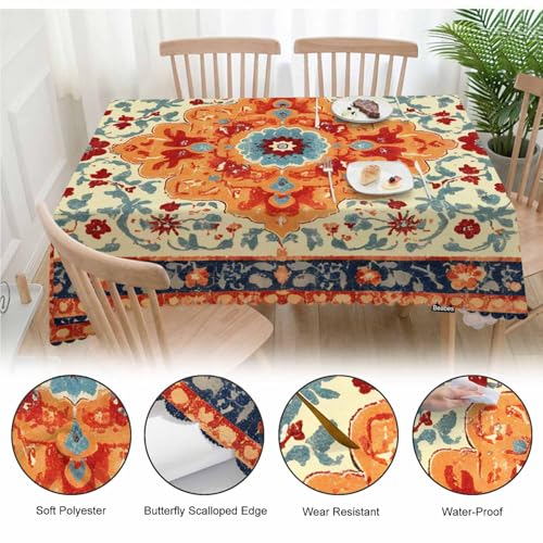 70x52 Inch Boho Carpet Tablecloth Rectangular Ethnic Southwest Rug Orange Wipeable