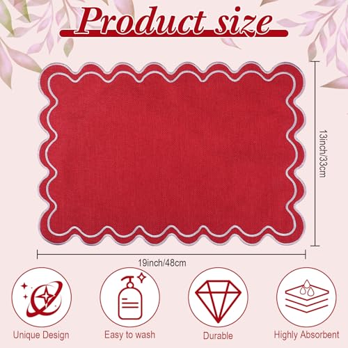 12-Pack Linen Placemats Set - Red, 13x19-inch Wavy Embroidered, Double Layer