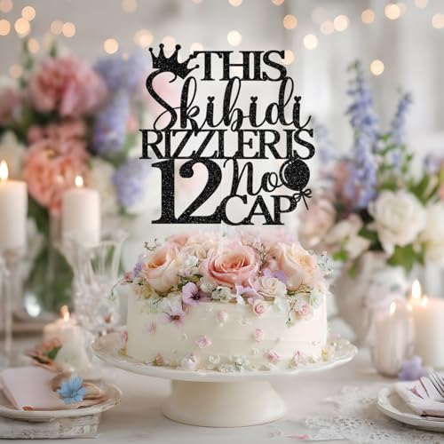 12 No Cap Cake Topper - Black Glitter Birthday Decoration, Variation of 12