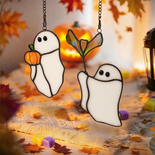 Halloween Ghost Stained Glass Window Hanging Suncatcher Gift - Spooky Decor