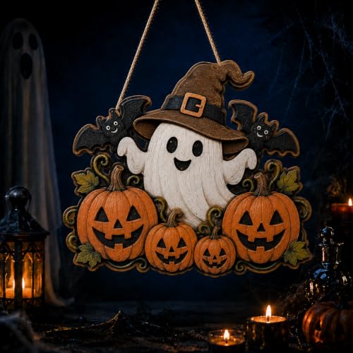 Halloween Ghost Door Hanger - Wooden Witch Hat Pumpkin Wreath Sign - Ghost Witch Pumpkin Variation