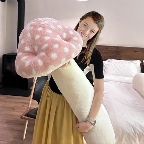51 Inch Pink Mushroom Plush Pillow – Cute Long Stuffed Body Pillow for Kids & Home Decor