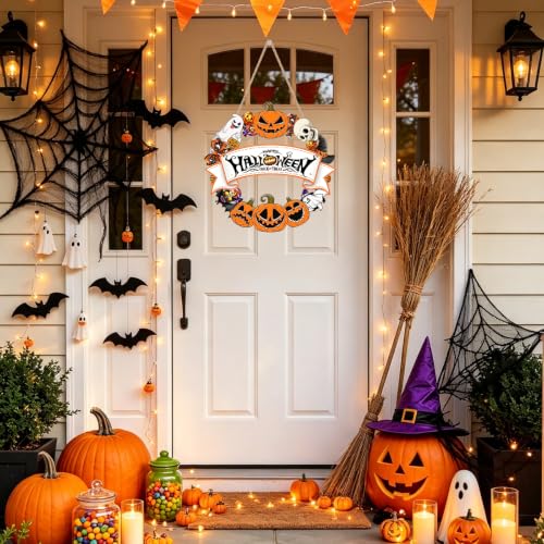 Halloween Wooden Wreath for Front Door - Spooky Decor with Ghosts Bats & Pumpkins