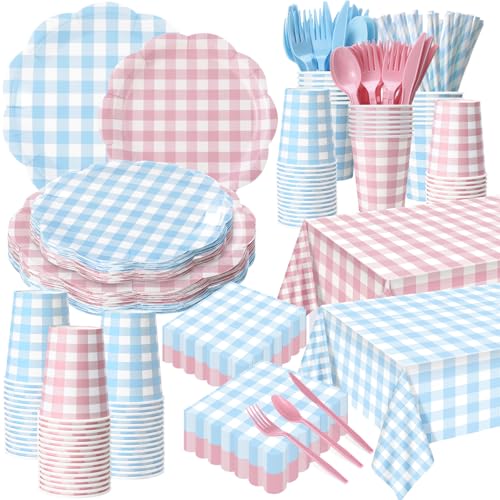 Pink and Blue Gingham Gender Reveal Party Supplies - 452 Pcs Baby Shower Decorations