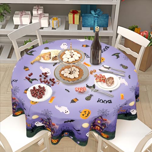 Halloween Round Tablecloth 60 Inch Spider Web Pumpkin Decor - Dark Purple