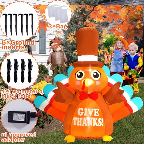 6FT Thanksgiving Inflatable Turkey with Blue Tail & LED Lights - Outdoor Holiday Decor