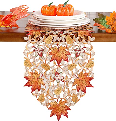 Fall Halloween Table Runner 13x34 Inches with Maple Leaves & Pumpkins - Autumn Dining Decor - Variation: Maple Leaves / 13x34