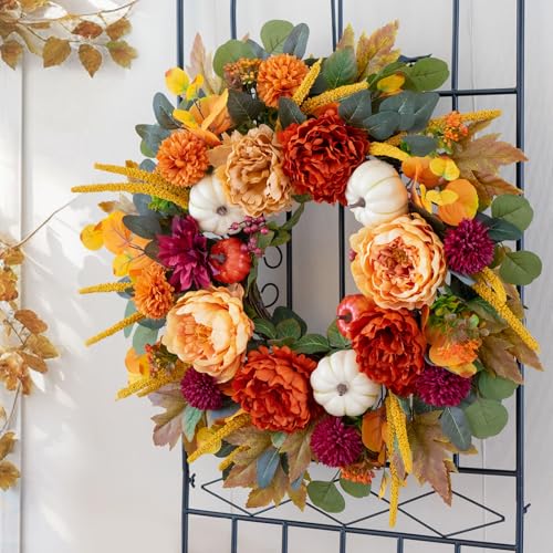 Fall Peony Wreath - 24 Inch Autumn Front Door Wreath with Orange Peony & Burgundy Dahlias