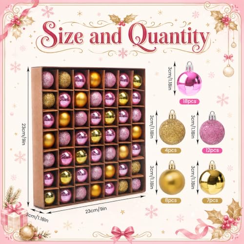 49 Pcs Christmas Ball Ornaments Set - Mini 3cm Shatterproof Decorations Gold Pink