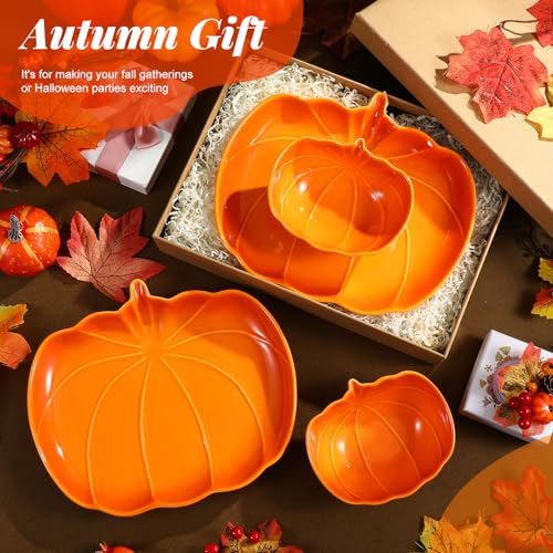 Pumpkin Shaped Ceramic Dinnerware Set - Orange Fall Plates & Bowls for Thanksgiving Halloween