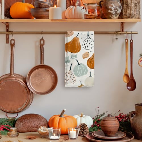 Fall Kitchen Towels with Pastel Pumpkin & Maple Leaf Design - Color 7, 16x24in