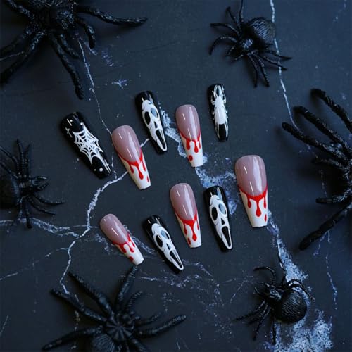 Halloween Nails with Blood Drop & Ghost Designs - Long Coffin Fake Nails - Variation 11