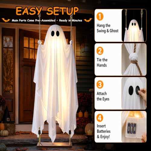 Large Outdoor Hanging Ghost Decoration with Swing, Lighted Halloween Yard Decor