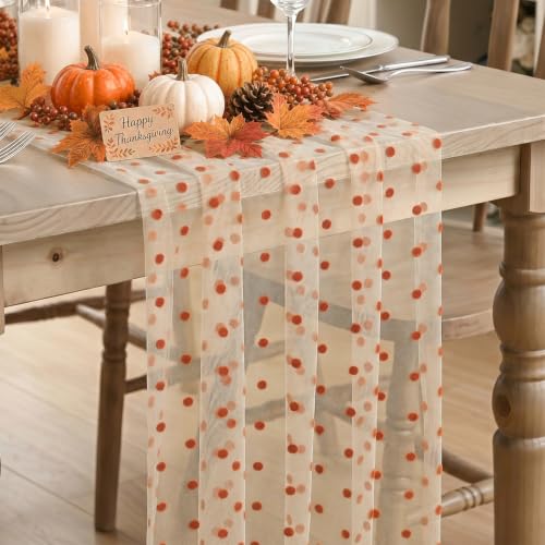 Beige Gauze Flocking Caramel Dots Table Runner 10FT for Wedding & Holiday Decor