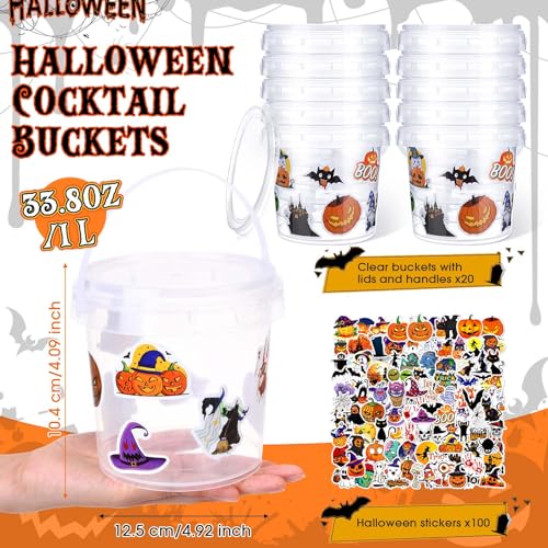 Halloween Candy Buckets Set with Stickers - 20 Plastic Pails with Handle, 34oz Capacity