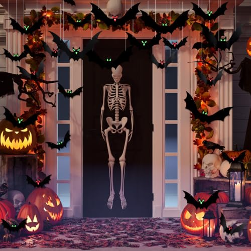 Halloween Hanging Bat Decorations with Glowing Eyes - 16 Pack Outdoor Indoor