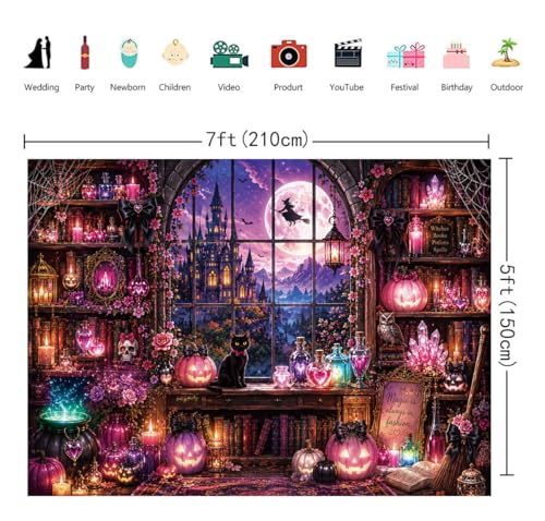 Pink Halloween Witch Library Backdrop 7x5FT for Party & Photo Booth Decorations
