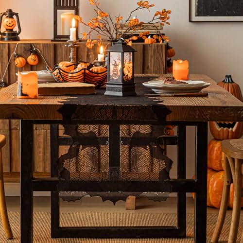 Black Lace Bat Web Halloween Table Runner - 13 x 70 Inch, Spooky Decor