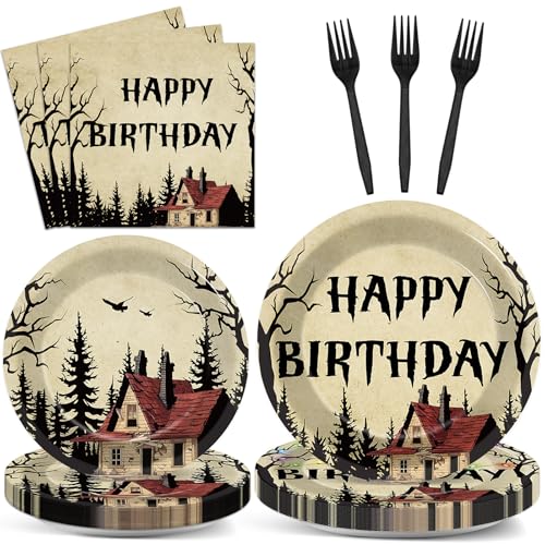 96pcs Halloween Birthday Plates and Napkins Set - Retro Scary House Variation