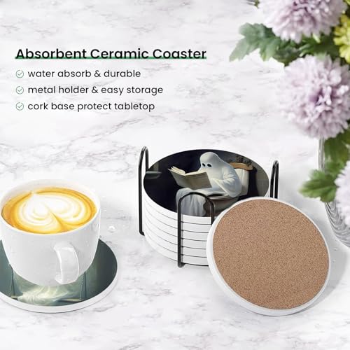 Halloween Ghost Coasters Set of 6 - Ceramic Drink Coasters with Cork Base & Metal Holder