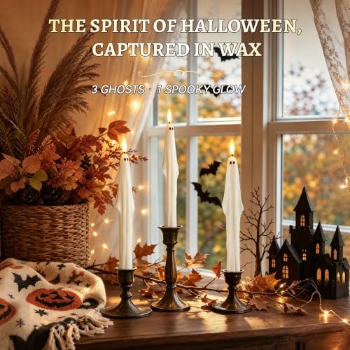 Halloween Ghost Candlesticks Set - Flameless Taper Candles with Remote, 3 Pack