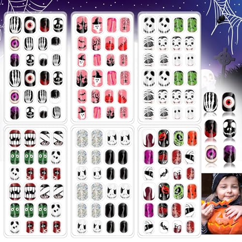 144 Pcs Halloween Kids Fake Nail Set with Ghost Skeleton Spider Pumpkin Designs