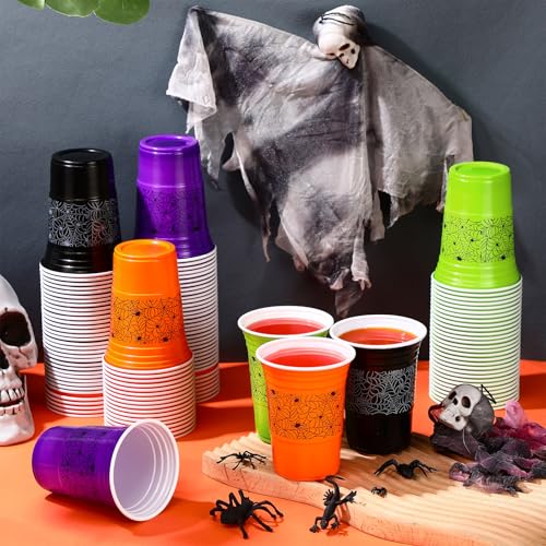 120 Pcs Halloween Plastic Cups 16 oz Disposable Drinkware with Spider Web Design