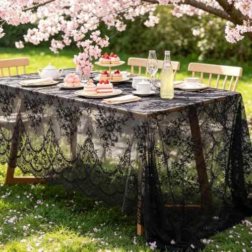 Black Lace Tablecloth 60x120 Inch Rectangular Sheer Wedding Party Decor - Variation 1 / 005-Black