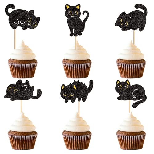 Cat Cupcake Toppers Black Glitter Silhouette 24Pcs - Variation Cat-3