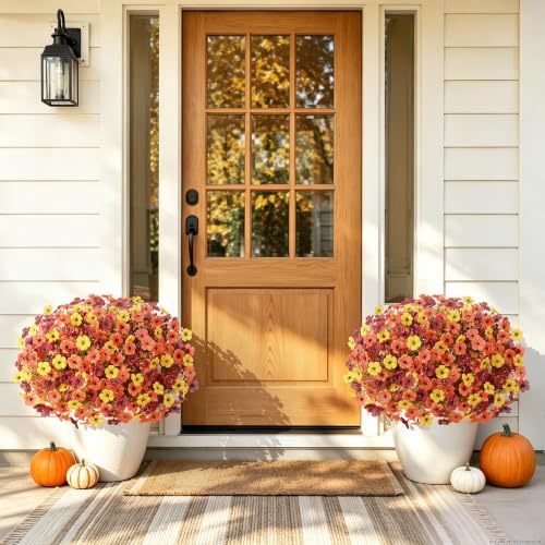 Artificial Mums Flowers Outdoor Fall Decor 24 Bundles - Orange Yellow Brown