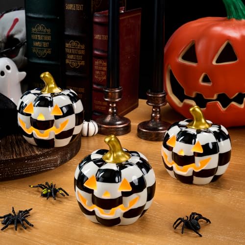 3 Pack Ceramic Pumpkin Lanterns with Tea Lights - Halloween Decor Set - Variation of 3