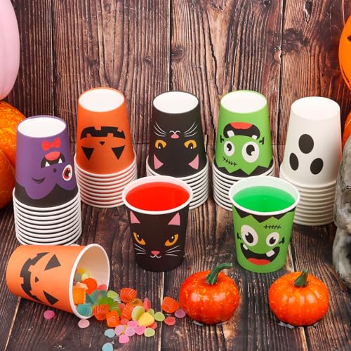 Purple Halloween Paper Cups 9 oz Disposable Party Cups with Spooky Designs
