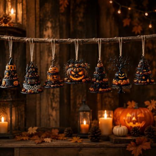 Halloween Wooden Ornaments Set - Gothic Pumpkin Spider Bat Hanging Decorations - Classic-2