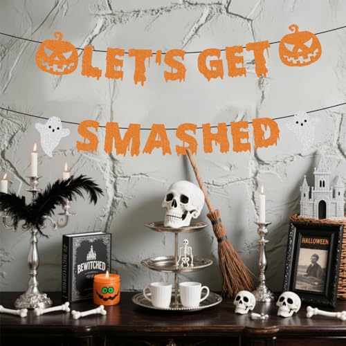 Halloween Banner Let's Get Smashed - Glitter Orange Pre-Strung Party Decoration with Ghost & Pumpkin, Scary Theme, Easy Setup
