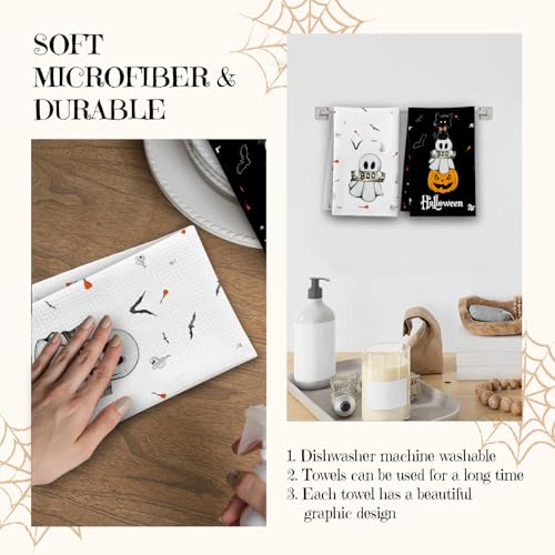 Halloween Kitchen Towels Set - Black Cat Pumpkins Ghosts, Color 4, 2 Designs