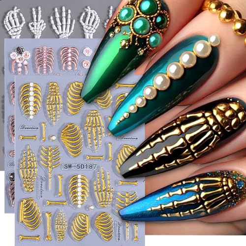 Halloween Nail Stickers 5D Embossed Skull Rose Skeleton Hand Ribs Decor - Rose Skull Variation