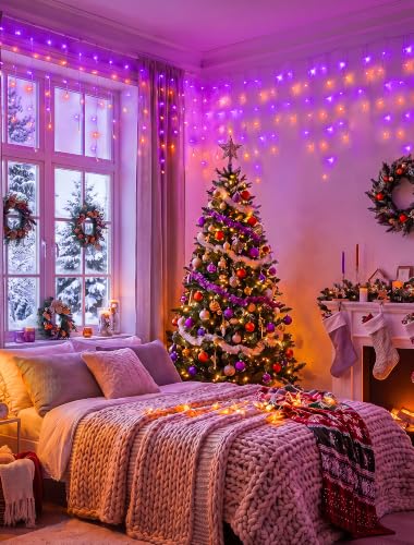 Halloween Icicle Lights Outdoor - 300 LED Purple & Orange, 32ft, 8 Modes, Connectable