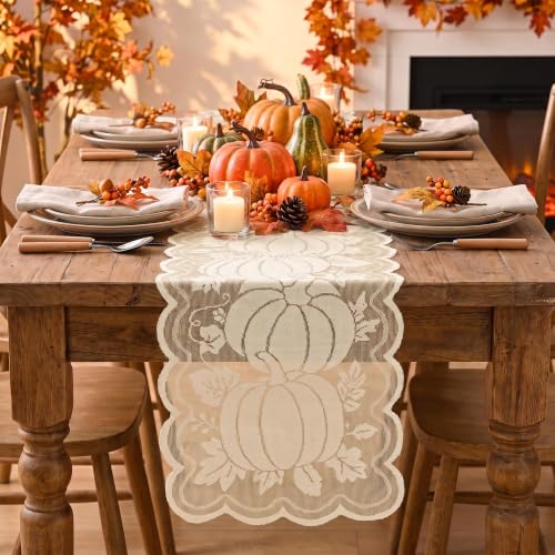 Beige Lace Jacquard Pumpkin Leaf Fall Table Runner 13x72 Inch - Artoid Mode