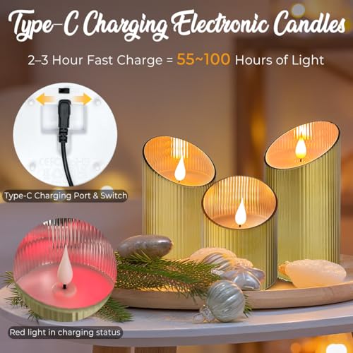 Rechargeable Flameless LED Candle Set with Remote & Timer - Glass Illusion Fire