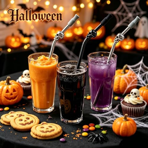 Skull Design Reusable Metal Straws 10.5'' Stainless Steel Drinking Set - Silver & Black
