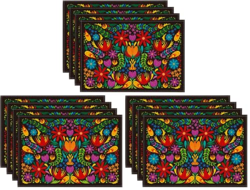 Mexican Cinco De Mayo Placemats Set of 4 - 12x18 Inch Floral Fiesta Decor, Black Variation
