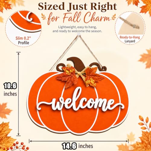 Orange Fall Pumpkin Door Hanger Wooden Welcome Sign for Home & Porch