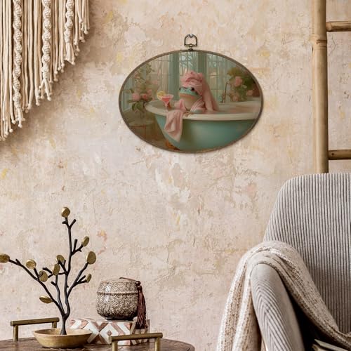 Whimsical Frog Bathroom Wall Art - Oval Canvas Decor, 8.6x11.4 Inches - Frog Variation